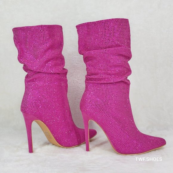 Resolve Sparkling Pink Rhinestone High Heel Slouch Calf Boots New Years Bling - Picture 5 of 15